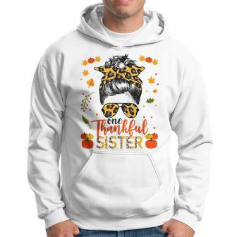 One Thankful Sister Leopard Messy Bun Autumn Thanksgiving Men Hoodie Graphic Print Hooded Sweatshirt - Seseable