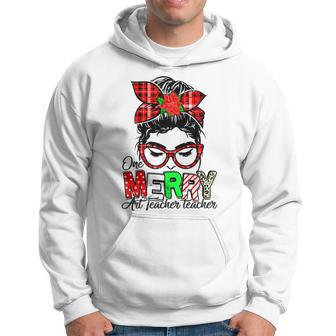 Red Plaid One Merry Art Teacher Teacher Messy Bun Xmas Women Men Hoodie - Thegiftio UK