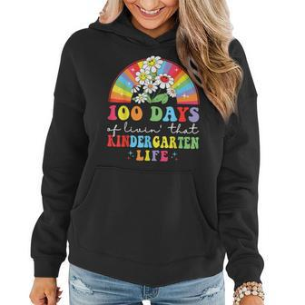 100 Days Of Livin That Kindergarten Hippie Rainbow Teacher Women Hoodie - Thegiftio UK