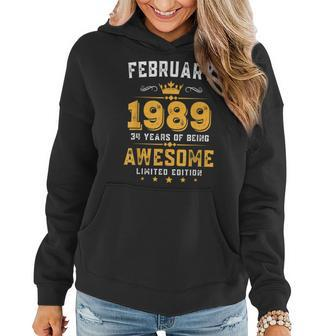 34 Years Old Gifts Vintage February 1989 34Th Birthday Women Hoodie - Seseable