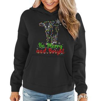 Be Merry And Bright Cow Reindeer Christmas Lights Cow Women Hoodie Graphic Print Hooded Sweatshirt - Thegiftio UK