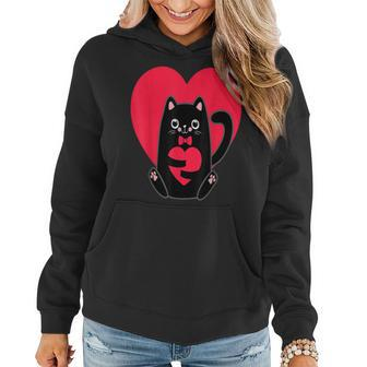 Black Cat Heart Valentines Day Cute Kitten Kitty-Love V Day Women Hoodie - Seseable