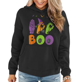 Boo Hands American Sign Language Pride Asl Halloween Women Hoodie Graphic Print Hooded Sweatshirt - Thegiftio UK