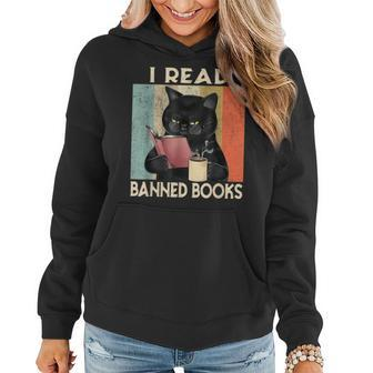 Cat I Read Banned Books Funny Bookworms Reading Book V2 Women Hoodie Graphic Print Hooded Sweatshirt - Thegiftio UK