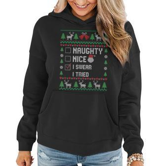 Christmas List Nice Naughty I Swear I Tried Family Pajamas Women Hoodie Graphic Print Hooded Sweatshirt - Thegiftio UK