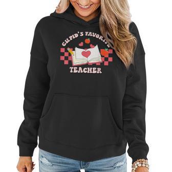 Cupids Favorite Teacher Happy Valentines Day Retro Groovy Women Hoodie - Seseable