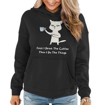 Cute Cat Gift For Kitten Lovers Funny Cat Drink Coffee Women Hoodie | Mazezy