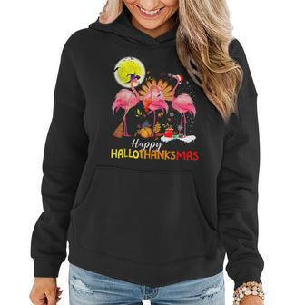 Cute Flamingo Hallothanksmas Happy Halloween Thanksgiving Women Hoodie Graphic Print Hooded Sweatshirt - Thegiftio UK