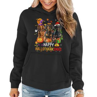 Dachshund Dog Halloween Merry Christmas Happy Hallothanksmas Women Hoodie Graphic Print Hooded Sweatshirt - Thegiftio UK