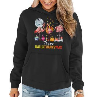 Flamingo Halloween And Merry Christmas Happy Hallothanksmas V3 Women Hoodie Graphic Print Hooded Sweatshirt - Thegiftio UK