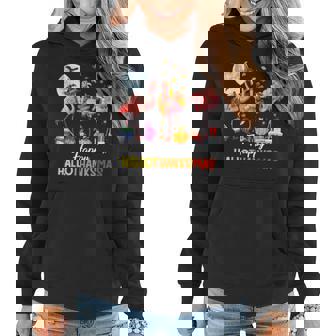 Flamingo Halloween And Merry Christmas Happy Hallothanksmas V3 Women Hoodie Graphic Print Hooded Sweatshirt - Thegiftio