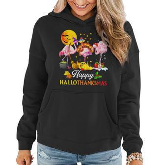 Flamingo Halloween And Merry Christmas Happy Hallothanksmas V5 Women Hoodie Graphic Print Hooded Sweatshirt - Thegiftio UK