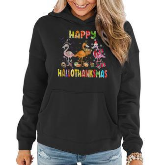 Flamingo Lover Halloween Christmas Happy Hallothanksmas Women Hoodie Graphic Print Hooded Sweatshirt - Thegiftio UK