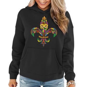 Fleur De Lis & Mardi Gras Mask & Beads New Orleans Souvenir Women Hoodie Graphic Print Hooded Sweatshirt - Thegiftio UK