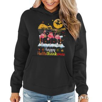 Funny Flamingo Happy Hallothanksmas Women Hoodie Graphic Print Hooded Sweatshirt - Thegiftio UK
