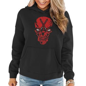 Funny Hockey Player Halloween Skull Graphic Design - Hockey Women Hoodie Graphic Print Hooded Sweatshirt - Thegiftio UK