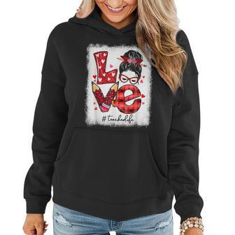 Funny Love Messy Bun Teacher Life Valentines Day Matching Women Hoodie - Seseable