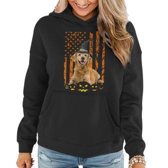 Golden Retriever Dog Pumpkin American Flag Witch Halloween Women Hoodie Graphic Print Hooded Sweatshirt - Thegiftio UK