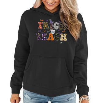 Groovy Trick Or Teach Funny Teacher Halloween Costume 2022 V8 Women Hoodie Graphic Print Hooded Sweatshirt - Thegiftio UK