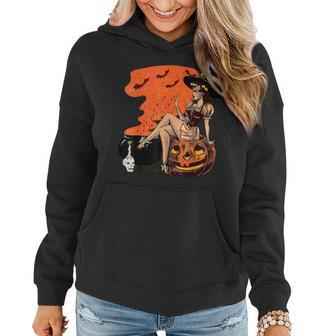 Halloween Witch Cauldron Pin Up Retro Vintage Pumpkin Women Hoodie Graphic Print Hooded Sweatshirt - Thegiftio