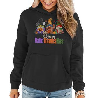 Happy Hallo Thanks Mas Gnomes Fall Halloween Christmas Women Hoodie Graphic Print Hooded Sweatshirt - Thegiftio UK