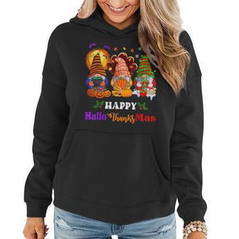 Happy Hallothanksmas Gnomes Halloween Thanksgiving Christmas V46 Women Hoodie Graphic Print Hooded Sweatshirt - Thegiftio UK