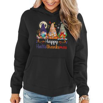 Happy Hallothanksmas Gnomes Halloween Thanksgiving Christmas V47 Women Hoodie Graphic Print Hooded Sweatshirt - Thegiftio UK