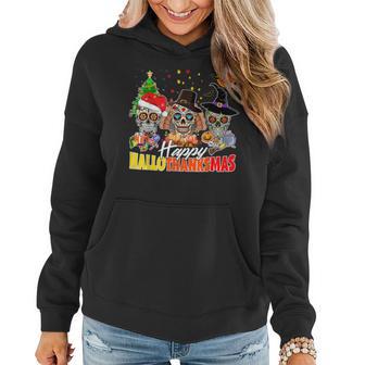 Happy Hallothanksmas Merry Christmas Halloween Skull Women Hoodie Graphic Print Hooded Sweatshirt - Thegiftio