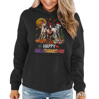Horse Halloween And Merry Christmas Happy Hallothanksmas V3 Women Hoodie Graphic Print Hooded Sweatshirt - Thegiftio UK