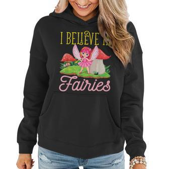 I Believe In Fairies Cute Fairy With Wings Mushroom House Women Hoodie Graphic Print Hooded Sweatshirt - Thegiftio UK