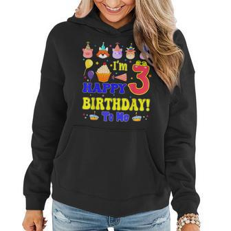 Im 3 Happy Birthday To Me Animal Cup Cake Birthday Party Women Hoodie Graphic Print Hooded Sweatshirt - Thegiftio UK