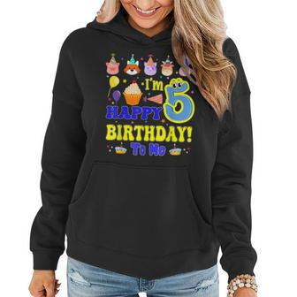 Im 5 Happy Birthday To Me Animal Cup Cake Birthday Party Women Hoodie Graphic Print Hooded Sweatshirt - Thegiftio UK