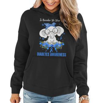 In November We Wear Blue Elephant Diabetes Awareness Women Hoodie Graphic Print Hooded Sweatshirt - Thegiftio UK