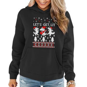 Lets Get Lit Pajamas Dinosaur Ugly Christmas Sweater Gift Women Hoodie - Monsterry