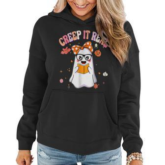 Retro Groovy Halloween Creep It Real Funny Ghost Reading Women Hoodie Graphic Print Hooded Sweatshirt - Thegiftio UK