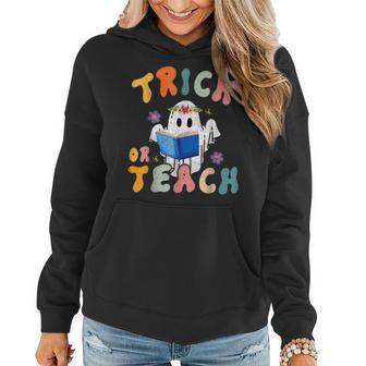 Retro Vintage Groovy Trick Or Teach Halloween Teacher Life V32 Women Hoodie Graphic Print Hooded Sweatshirt - Thegiftio UK