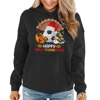 Soccer Halloween Merry Christmas Happy Hallothanksmas Women Hoodie Graphic Print Hooded Sweatshirt - Thegiftio UK