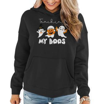 Teaching My Boos Halloween Cute Teacher Kindergarten Teacher Women Hoodie Graphic Print Hooded Sweatshirt - Thegiftio UK