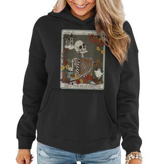 The Reader Tarot Card Funny Skeleton Librarian Halloween Women Hoodie Graphic Print Hooded Sweatshirt - Thegiftio UK