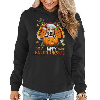 Welsh Corgi Happy Hallothanksmas Halloween Christmas Women Hoodie Graphic Print Hooded Sweatshirt - Thegiftio UK