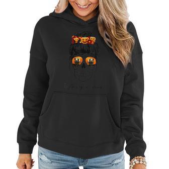 Womens Halloween Skull Woman Messy Bun Sunglasses Pumpkin Women Hoodie Graphic Print Hooded Sweatshirt - Thegiftio