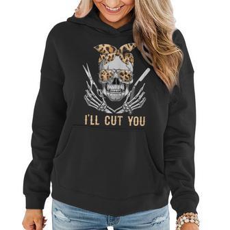 Womens Ill Cut You Hairstylist Halloween Skull Leopard Hairdresser Women Hoodie Graphic Print Hooded Sweatshirt - Thegiftio
