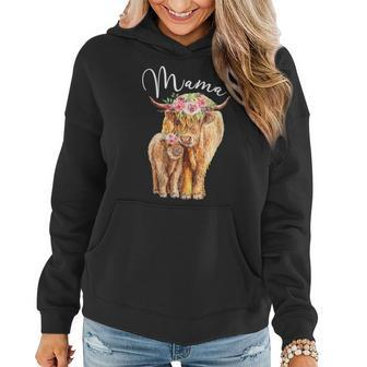 Womens Mama Highland Cow With Baby Calf Floral Mothers Day Mom Gift Women Hoodie - Thegiftio UK