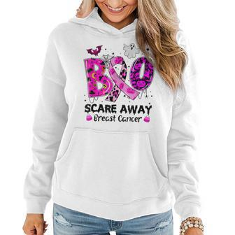 Boo Scare Away Breast Cancer Funny Ghost Halloween Costume Women Hoodie Graphic Print Hooded Sweatshirt - Thegiftio UK