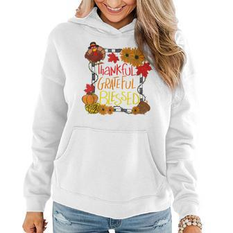 Grateful Thankful Blessed Turkey Funny Thanksgiving Flower Women Hoodie Graphic Print Hooded Sweatshirt - Thegiftio UK