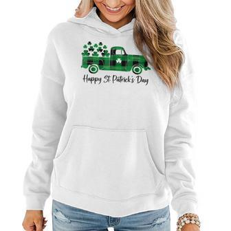 Happy St Patricks Day Buffalo Plaid Truck Irish Shamrock Women Hoodie - Seseable