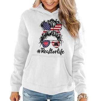 Realtor Life Real Estate 4Th Of July Messy Bun Flag Us Women Hoodie Graphic Print Hooded Sweatshirt - Thegiftio UK