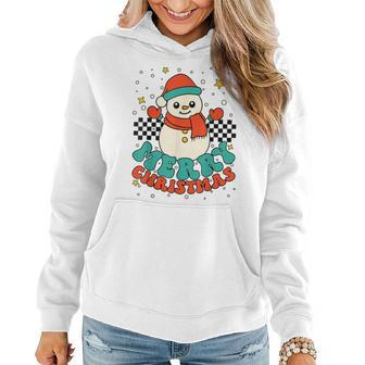 Retro Merry Christmas Snowman Santa Claus Hippie Pjs Groovy Women Hoodie Graphic Print Hooded Sweatshirt - Thegiftio UK