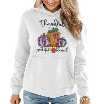 Thankful Grateful Blessed Pumpkin Leopard Thanksgiving Women Hoodie Graphic Print Hooded Sweatshirt - Thegiftio UK
