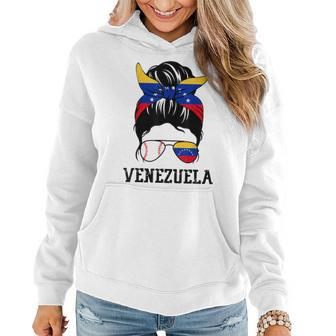 Venezuelan Baseball Fan Girl Mom Messy Bun Venezuela Flag Women Hoodie | Mazezy